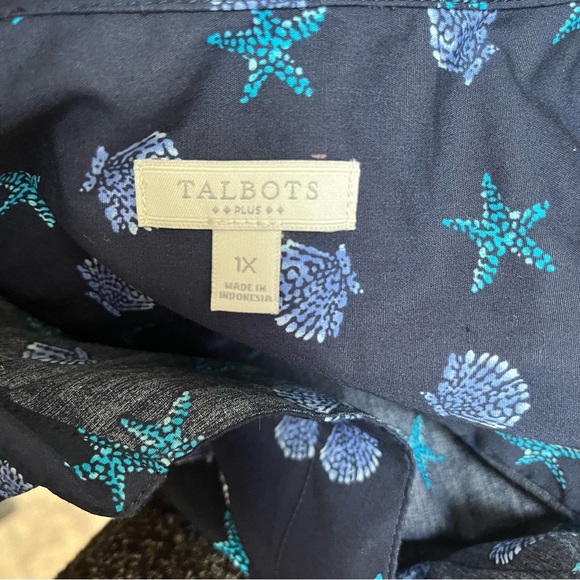 Talbots Top Button Up Sleeveless Plus Size 1X Navy Blue Starfish Shells NEW - Picture 5 of 7